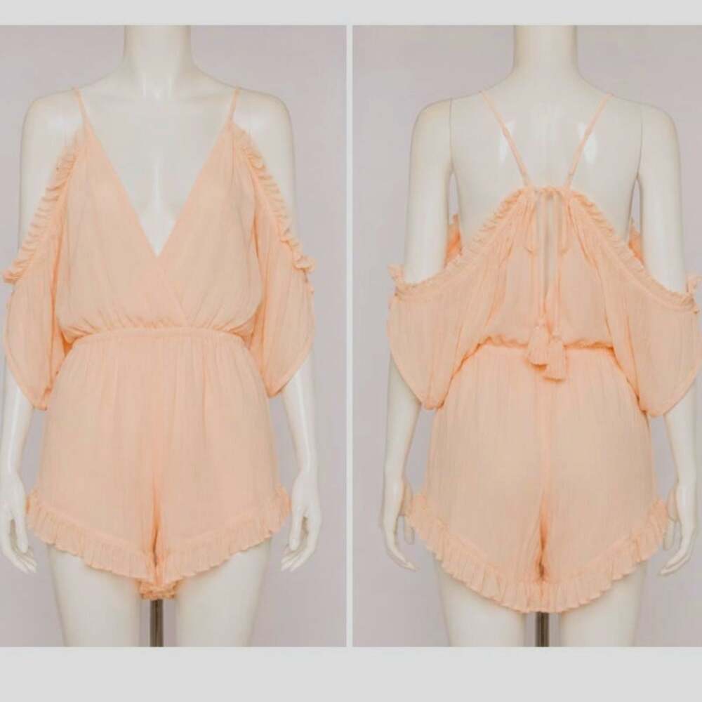 Lovers + Friends Cute Peach Malia Ruffle Cold Shoulder Deep-V Open Back Romper L